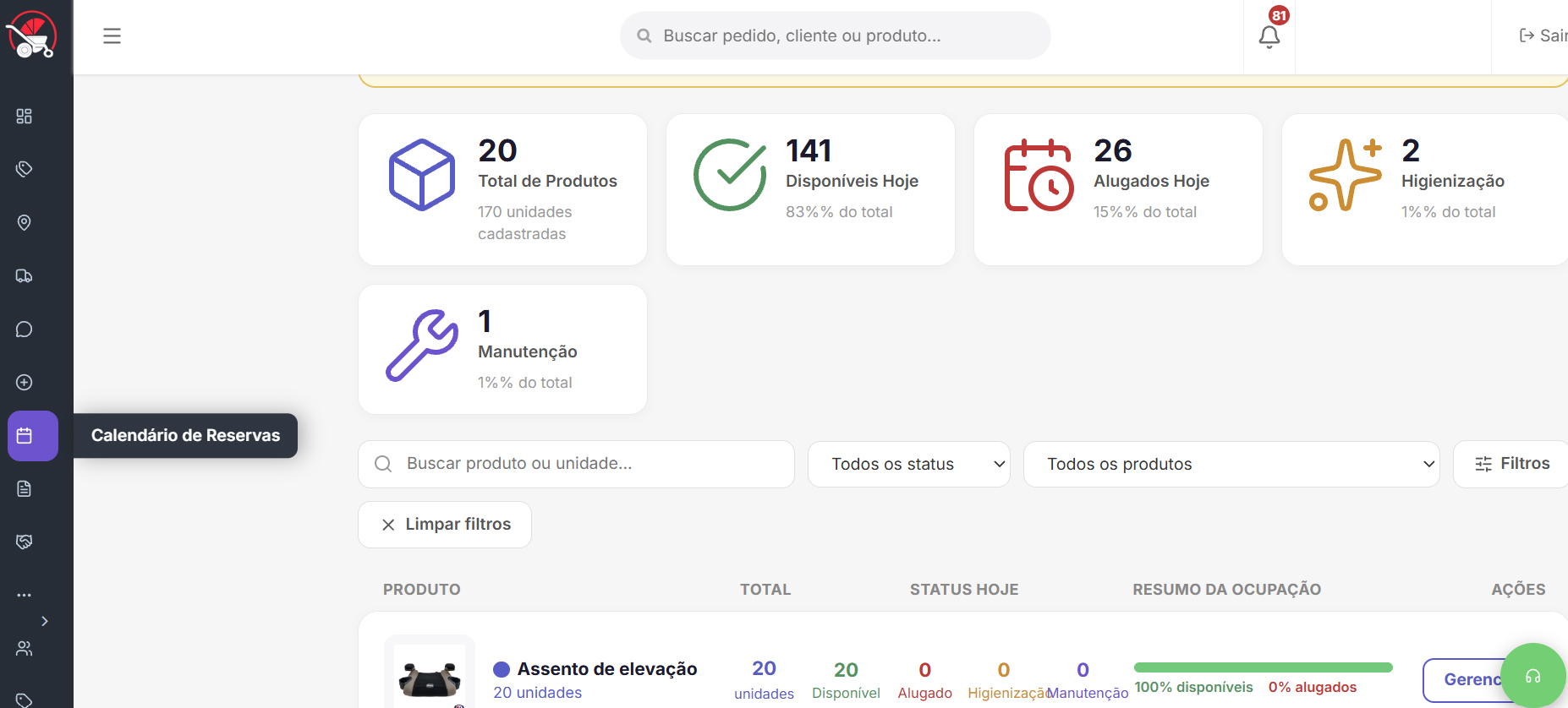 Calendário de reservas e disponibilidade
