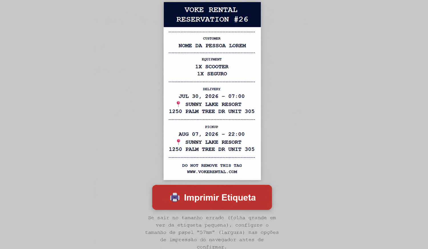 Impressão de etiquetas de reservas