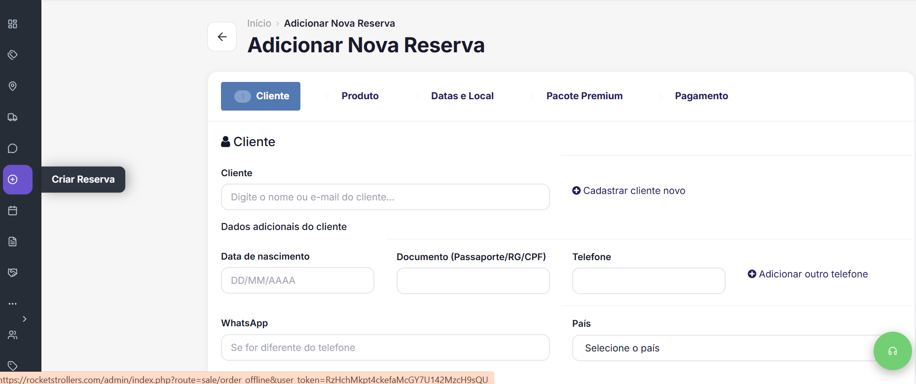 Sistema de reservas pelo painel administrativo